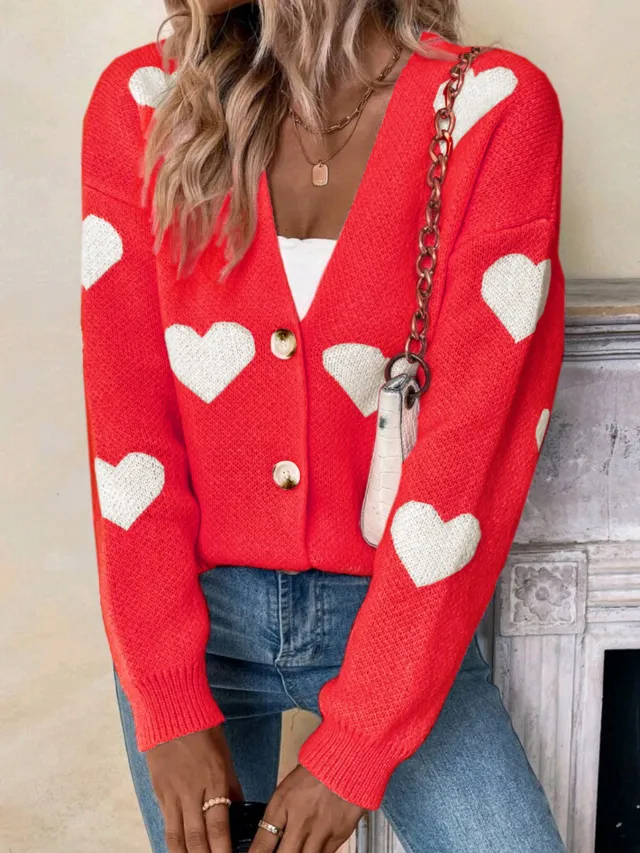 Sweater Women's Long sleeved Cardigan Valentine's Day Love Pattern Sweater Red - Shop at LoveMi