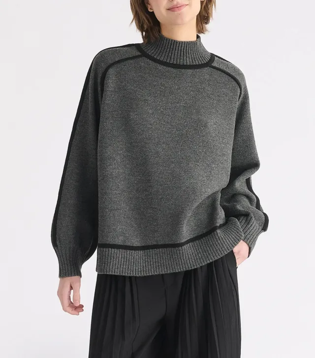 Maillard Autumn And Winter Striped Contrast Color Top For Women Gray - Shop at LoveMi