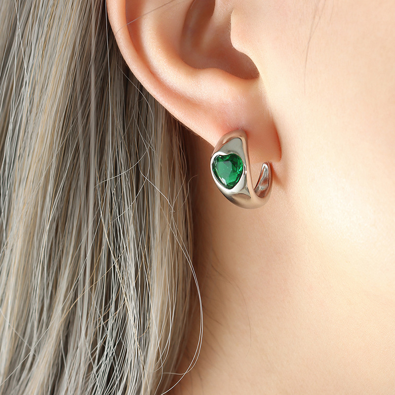 Green White Crystal Love Heart Earrings Titanium Steel 18K Gold Plating Colorfast
