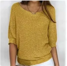 Solid Color Round Neck Sweater Women's Yellow - Shop at LoveMi