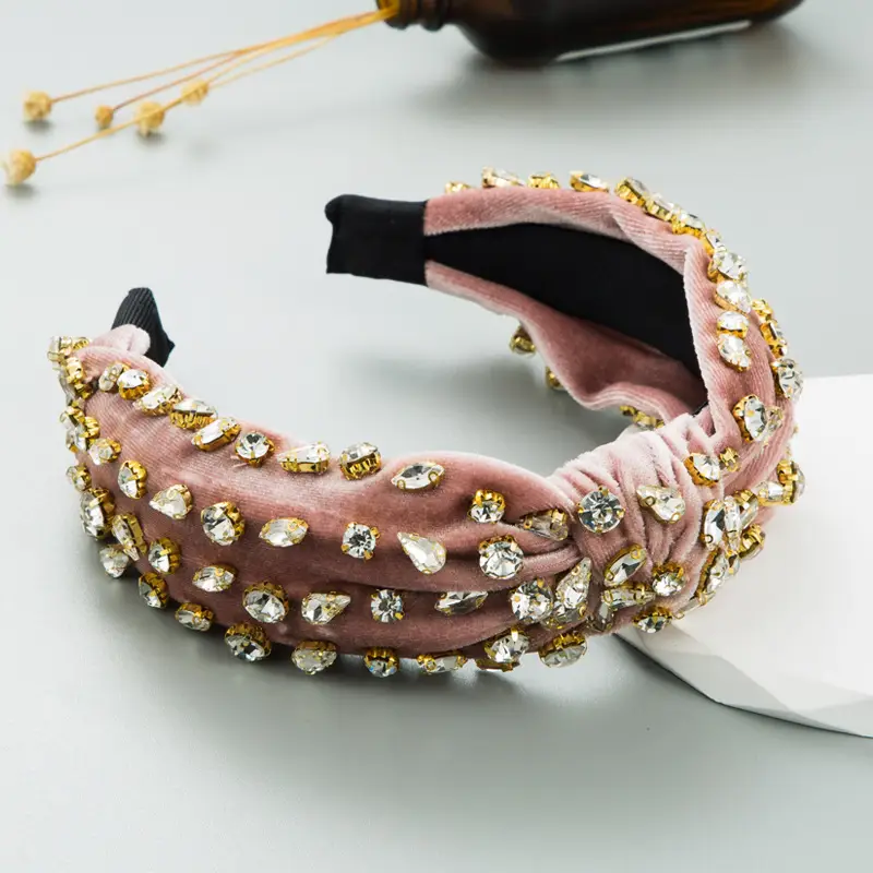 Fashion Gold Velvet Hand-stitched Full Diamond Headband
