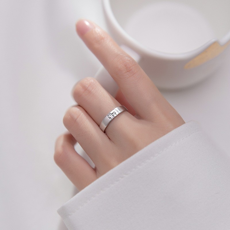 خاتم قطط صغير ظريف قابل للتعديل بتصميم الزوجين المزدوج brushed