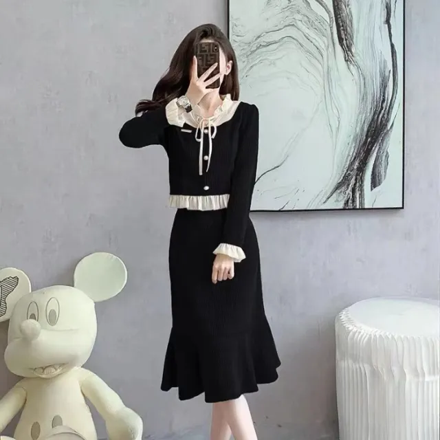 French Retro Little Fragrance Wind Top And Skirt Set Black - Shop at LoveMi