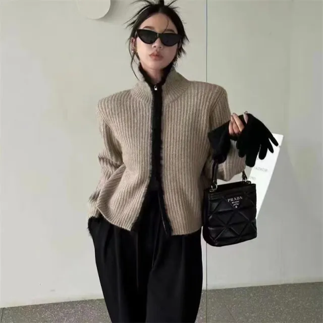 Sweet Contrast Color Long Sleeve Knitted Idle Style Zipper Sweater Cardigan For Women Khaki - Shop at LoveMi