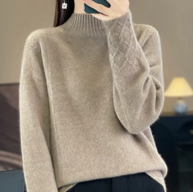 Retro Jacquard Knitted HalfHigh Neck Base Sweater Loose Effortless Base Top Dark Camel - Shop at LoveMi