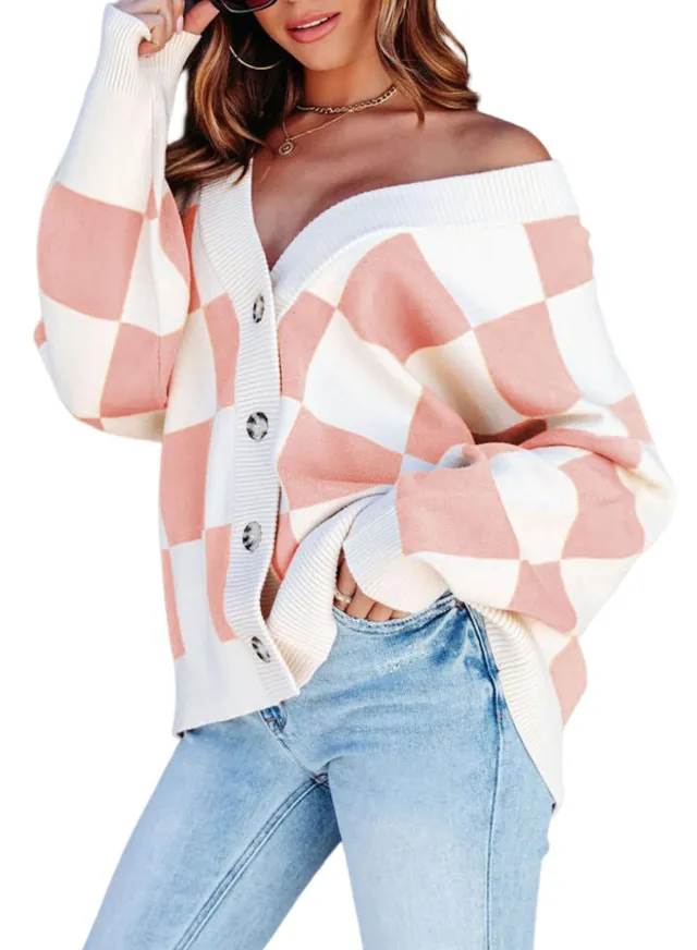 Women's Autumnwinter Casual Loose Checkered Contrast Color Knitted Cardigan Pink - Shop at LoveMi