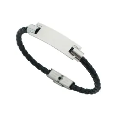 Woven Leather String Niche Design DIY Glossy Can Carve Writing Stainless Steel Bracelet - Black - View 1