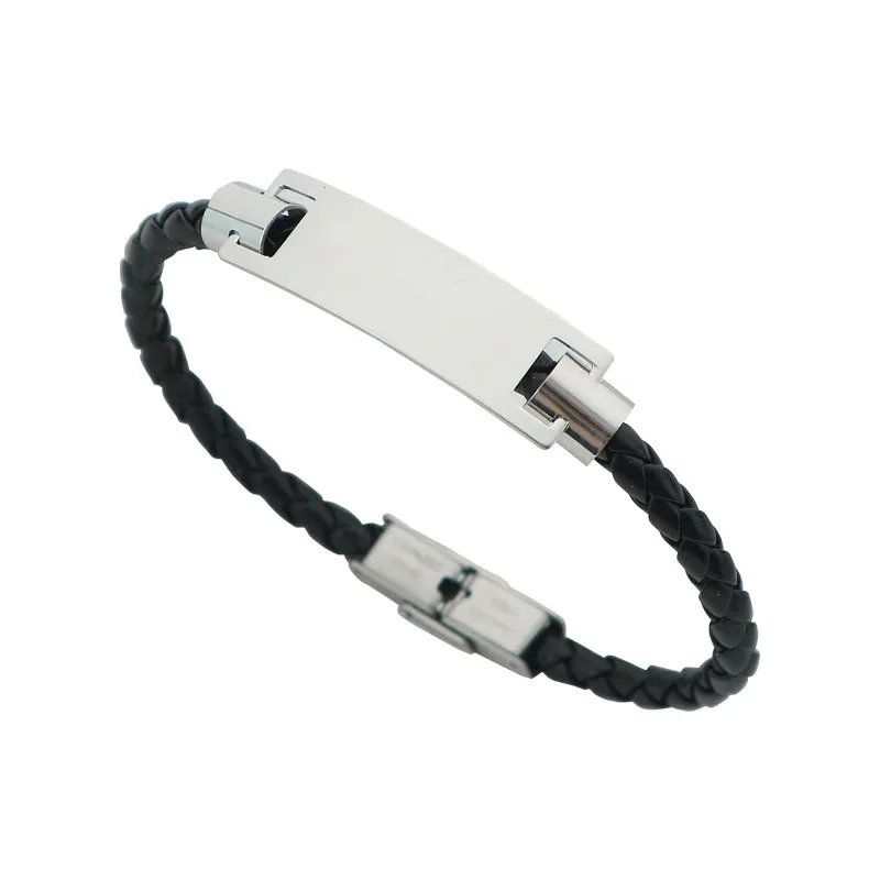Woven Leather String Niche Design DIY Glossy Can Carve Writing Stainless Steel Bracelet - Black