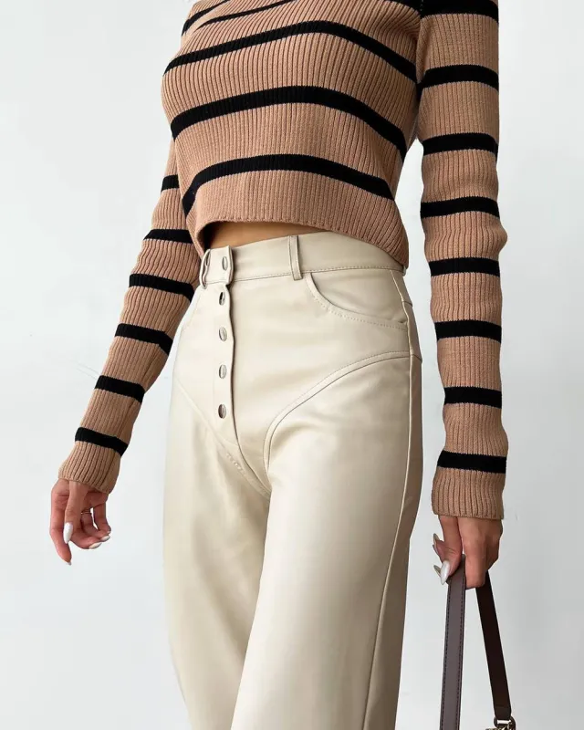 Autumn And Winter High Waist Leather Stitching Length Women's Casual Pants Beige - Shop at LoveMi