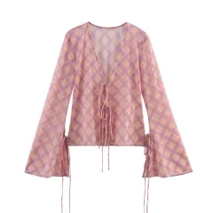 Plaid Printed Silk Net Shirt Dress - Top - View 1