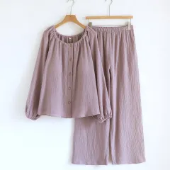 Women's Loose Long-sleeve Long Pants Casual Comfortable Simple Pajama Set - Purple - View 1