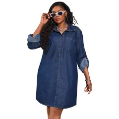 Loose Fashion Denim Long Sleeve Casual Dress - Dark Blue - View 1