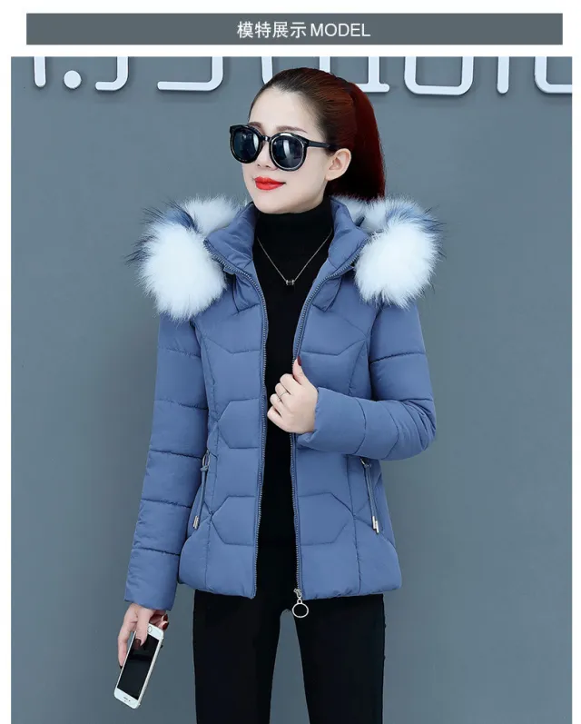 Female Short Cotton Coat Thickened Slim Fit Fashionable Jacket Blue - Shop at LoveMi
