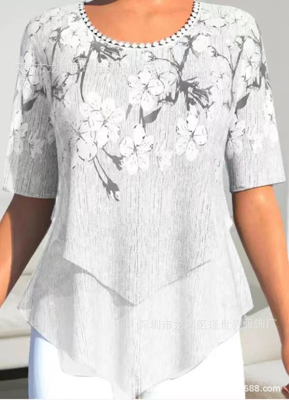 Positioning Printed Round Neck Irregular Short Sleeve