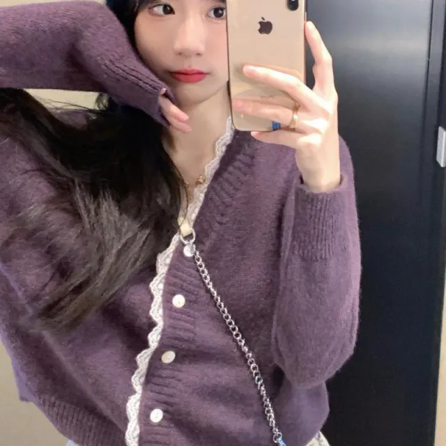 Autumn Short Sweater Women's Design Sense Lace Cardigan Coat Purple - Shop at LoveMi