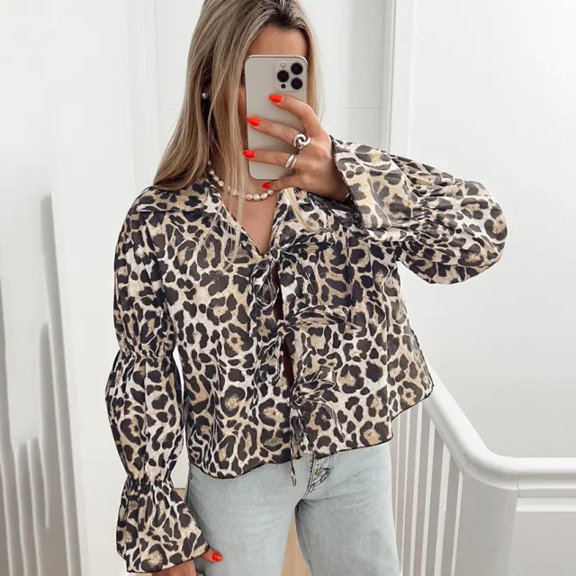 Fashion Leopard Print Lace up Puff Sleeve Women's Top Leopard - Shop at LoveMi