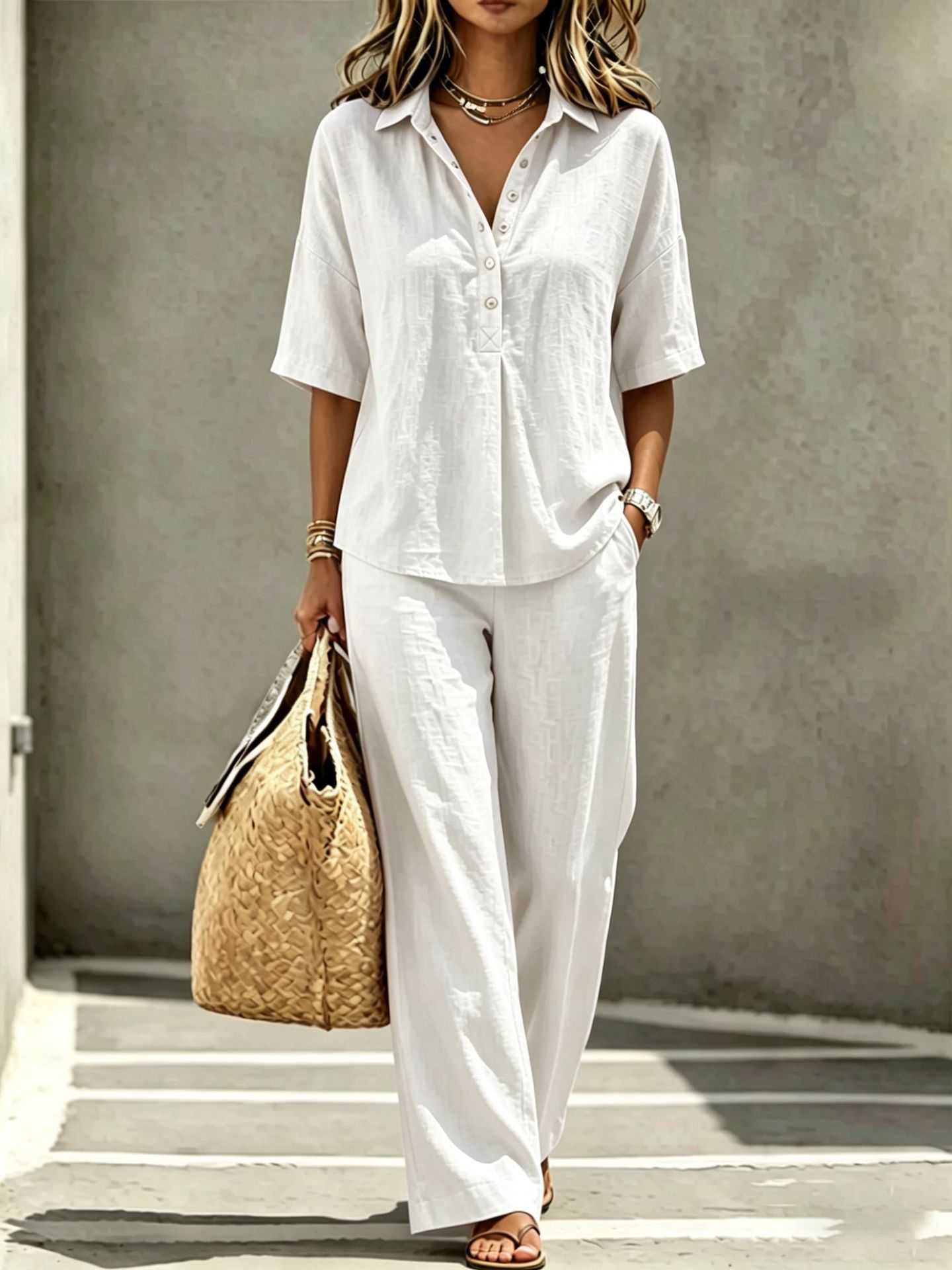 Women's wide-leg pants set in white – final styling shot