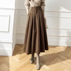 High Waist Korean Style Large Swing Pleated Slimming Woolen Long Skirt - Coffee - View 1