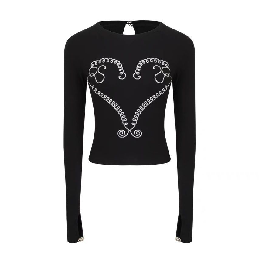 Women's Heavy Embroidery Hot Drilling Cotton Long-sleeved T-shirt