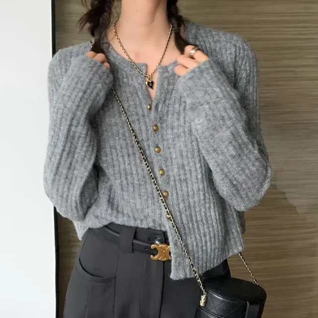 Soft Round Neck Gentle Simple Slim Fit Sweater Thin Coat Gray - Shop at LoveMi