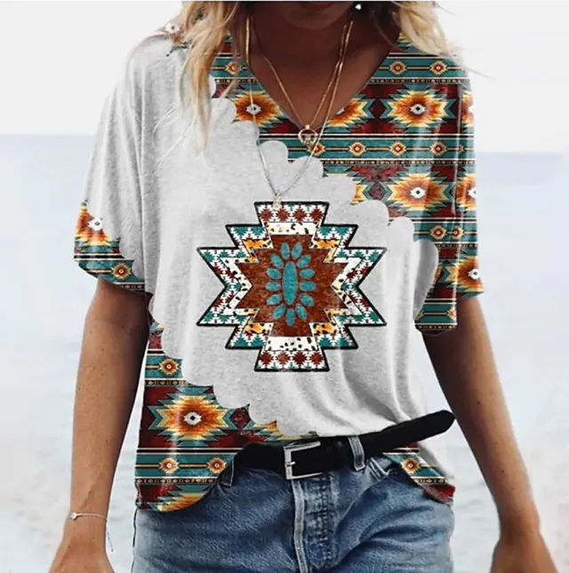 Women's Geometric Printed Short sleeved Casual V neck T shirt 3V 5Yj7T S - Shop at LoveMi