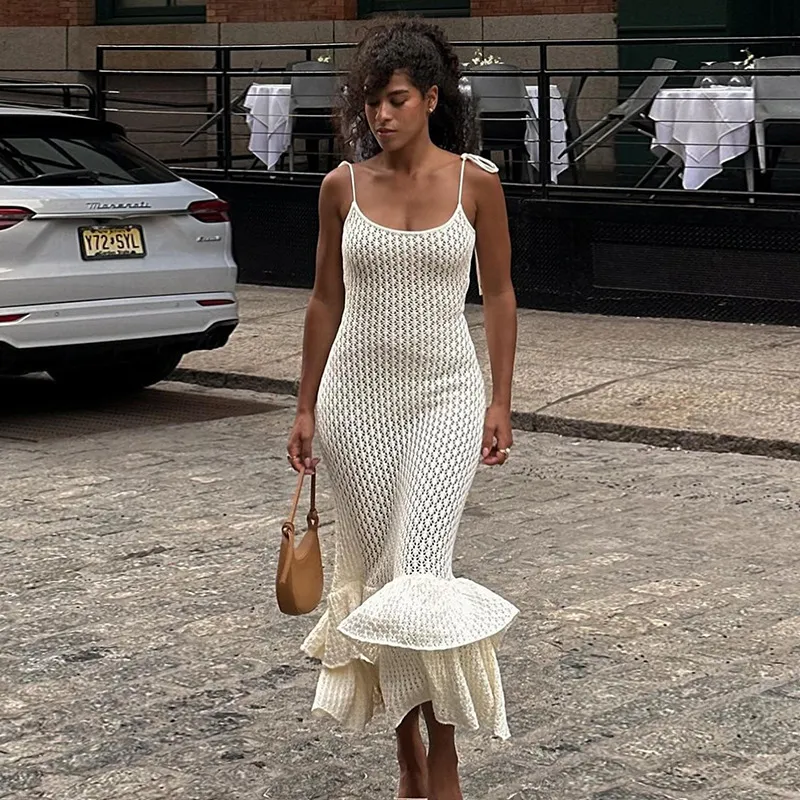 Beach Knitted Sling Tiered-Ruffle Long Dress Women - White