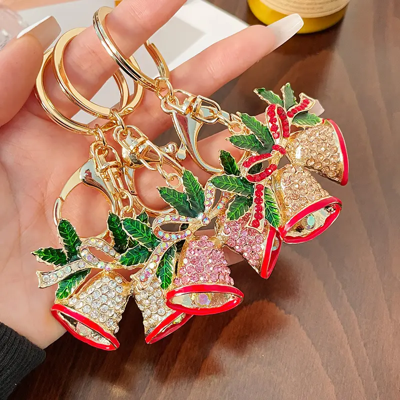 Diamond Studded Christmas Bell Shaped Keychain Metal