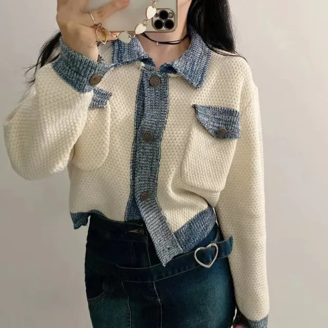 Color contrasting Stripe Mixed Color Knitted Cardigan Women's Coat Apricot - Shop at LoveMi