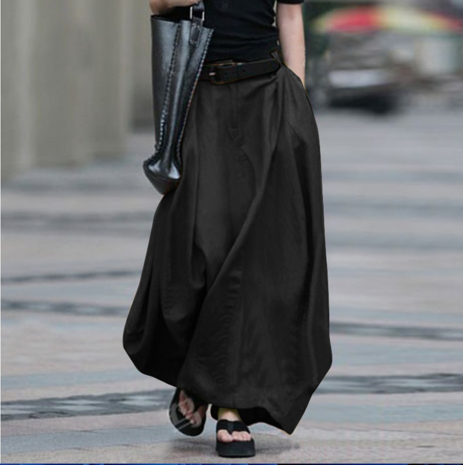 Women's High-Waist Flared Maxi Skirt – solid color flared long skirt back view