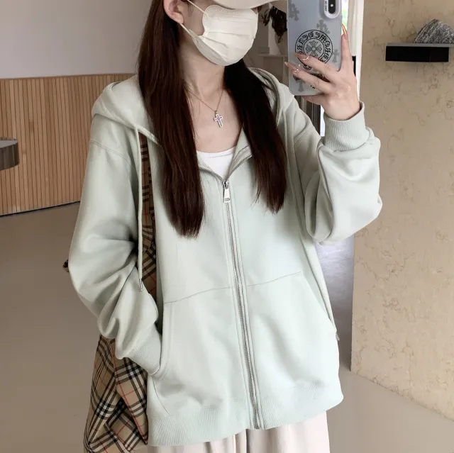 Hooded Loose All matching Zipper Cardigan Sweater Mint Green - Shop at LoveMi