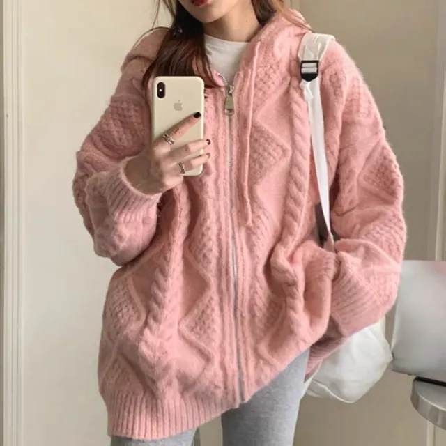 Hooded Knit Cardigan Coat Women's Spring And Autumn Twist Zipper Pink - Shop at LoveMi