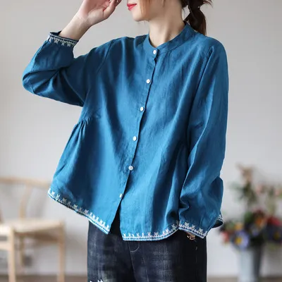 Vintage Embroidered Cardigan Loose Casual Top Blue - Shop at LoveMi