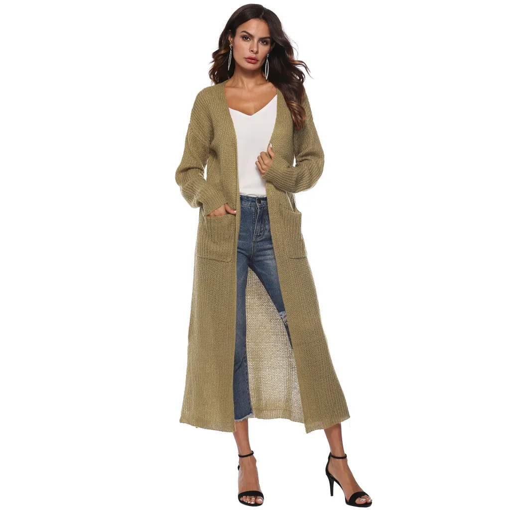 Autumn And Winter New Europe And America Cross Border Women's Long-sleeved Sweater Solid Color Cardigan Dress Split Dress Female A8019 - Khaki