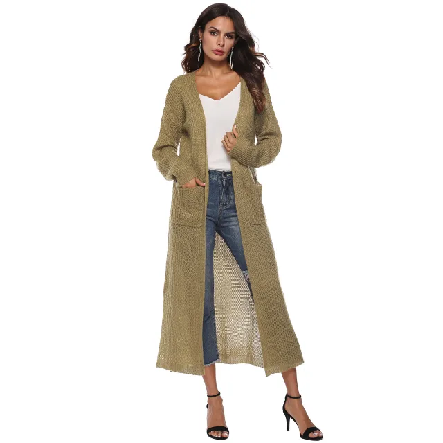 Autumn And Winter New Europe And America Cross Border Women's Long sleeved Sweater Solid Color Cardigan Dress Split Dress Female A8019 Khaki - Shop at LoveMi