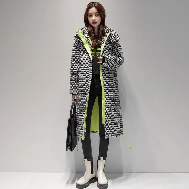 Plaid Down Cotton padded Coat For Women Houndstooth Black - Shop at LoveMi