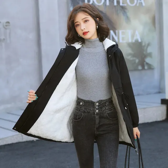 Winter Heavy Industry Fleece lined Mid length Trench Coat Lamb Wool Cotton Coat Black - Shop at LoveMi