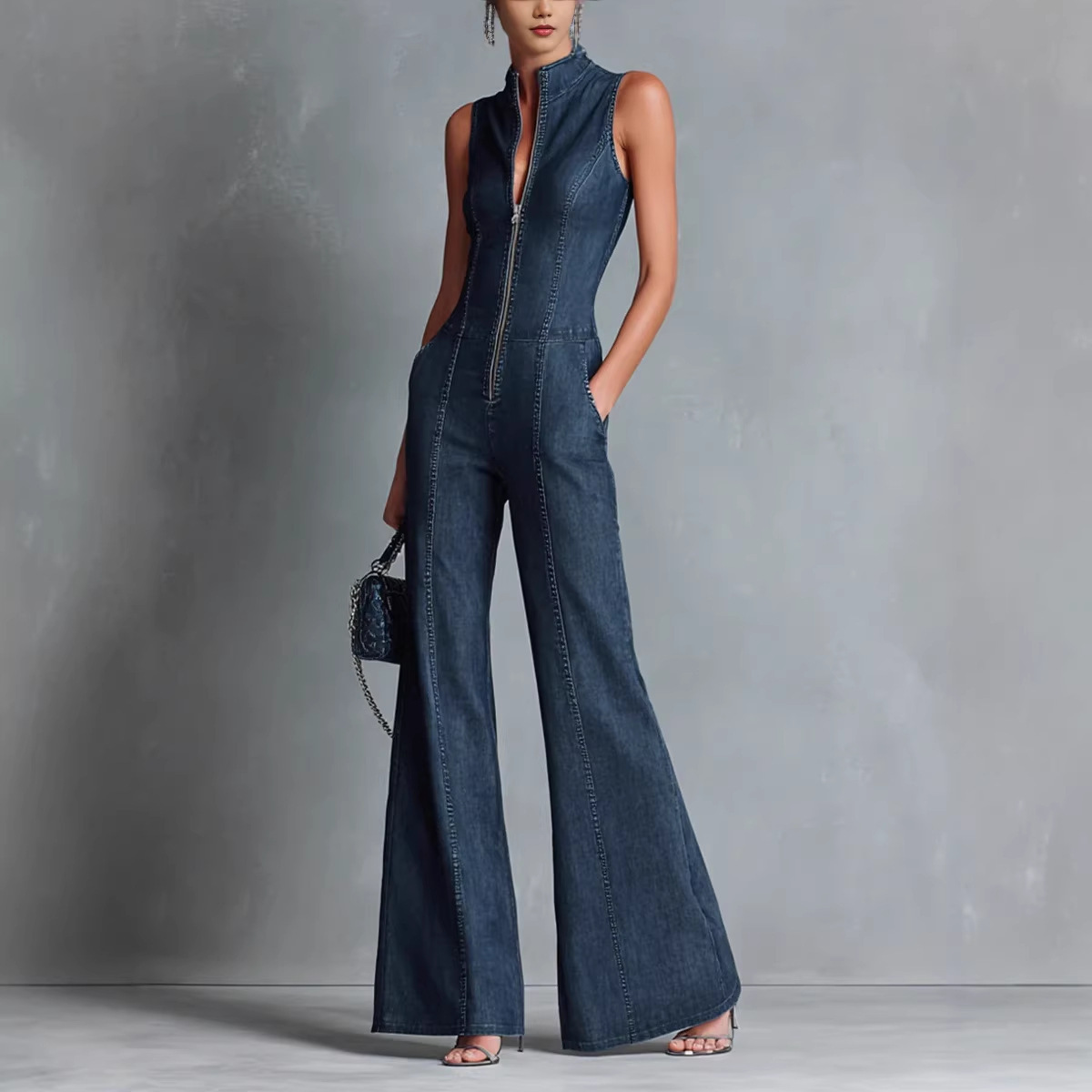 Retro Deep-blue Sleeveless Front-zip Slim-fit High-neck Denim Jumpsuit