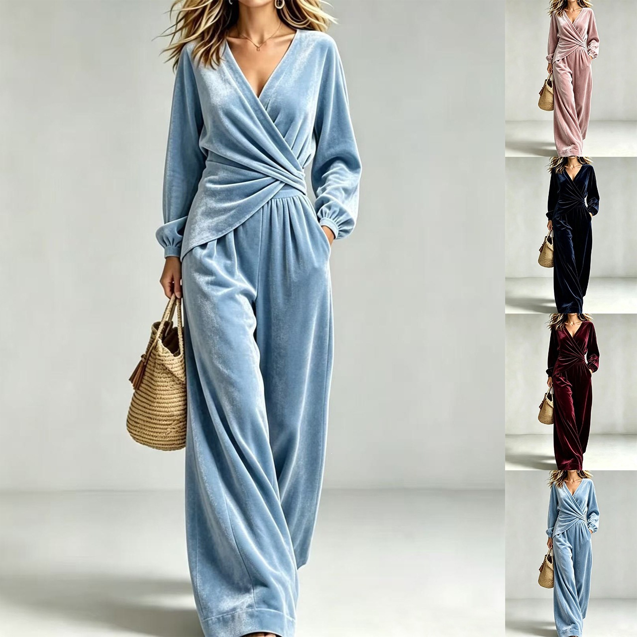 Women's Fashion Solid-color Asymmetrical Velvet Pants Set