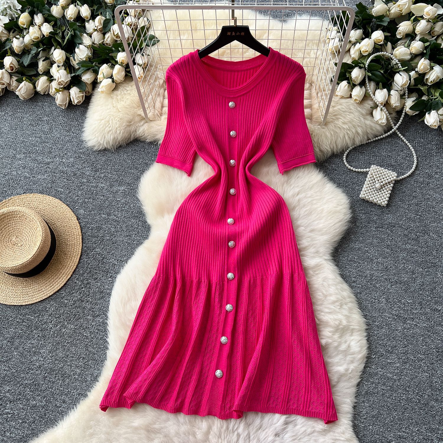 French Style Design V-neck Flared Sleeves Lace-up Waist-tight Floral Chiffon Dress