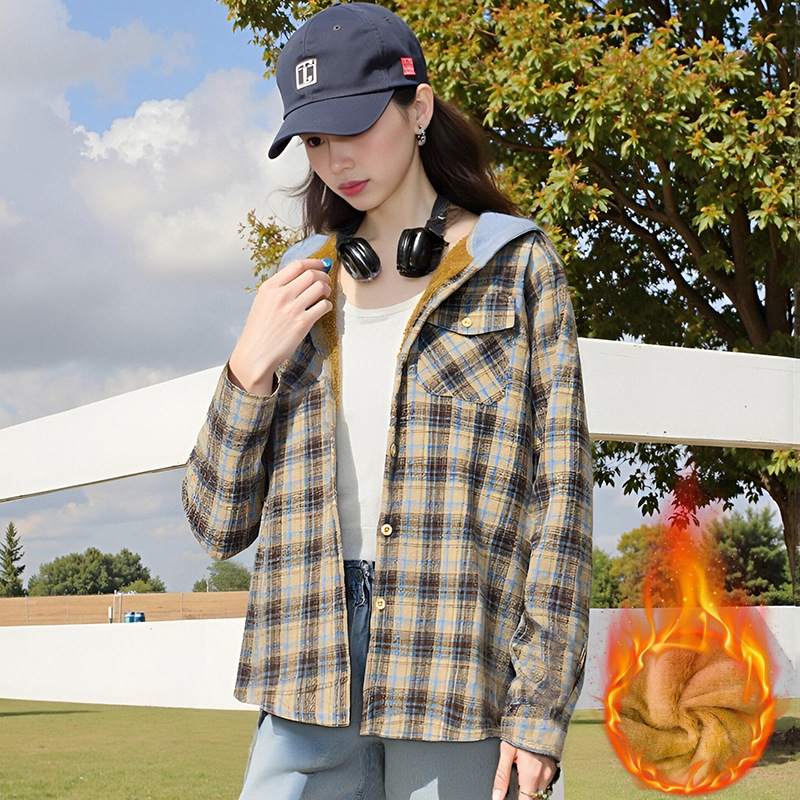 Casual And Loose Hooded Plaid Shirt Top For Women - Image 8