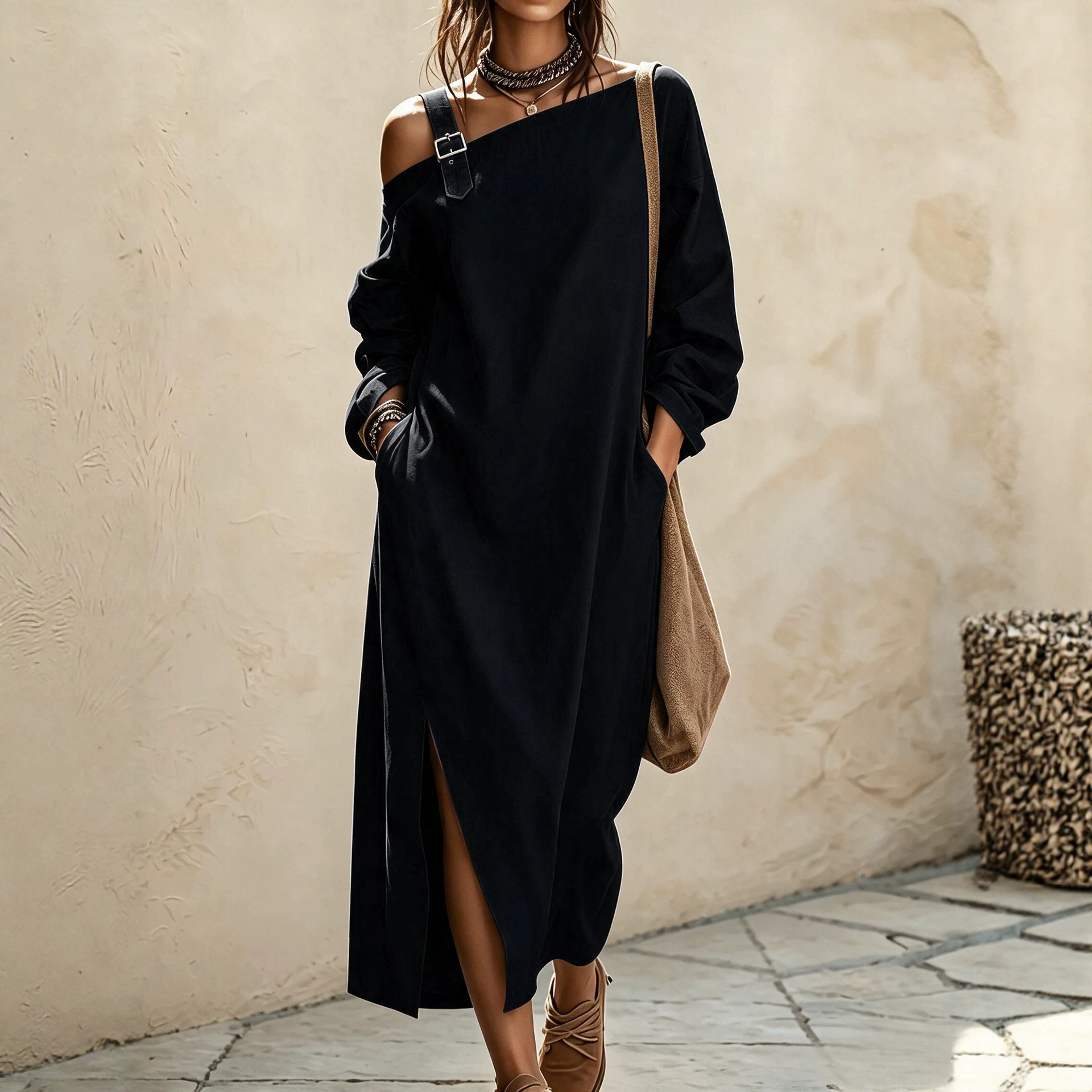 Womens Casual Off-shoulder Strap Dress With Metal Buckle Long Sleeves Loose Fit And Pockets