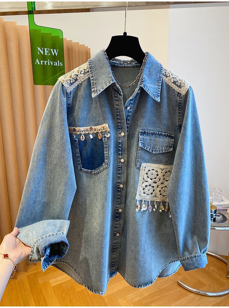 Loose-fit Lace Epaulette Patchwork Shirt Jacket Top Loose-fit Lace Epaulette Patchwork Shirt Jacket Top