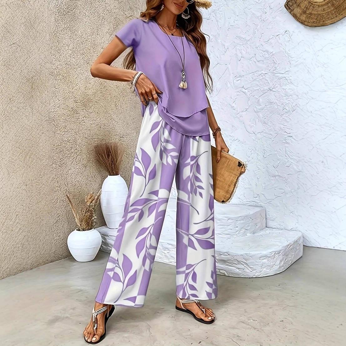 Fashionable Casual Short-sleeve Top And Wide-leg Pants Set