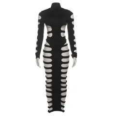 Sexy Cutout Ripped Tight Long Sleeve Skirt - Black - View 1