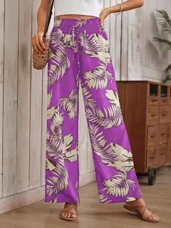 Women's Casual Digital Printing Loose Drawstring High Waist Trousers - Purple - View 1