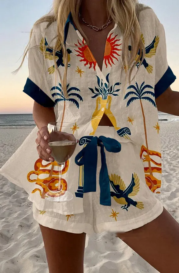 Women's Fashion Printed Casual Vacation Style Cardigan Shorts Suit Color02 4Xl - Shop at LoveMi