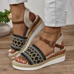 Large Size Flat Bottom Wedge Sandals Ankle-strap Buckle - Black - View 1