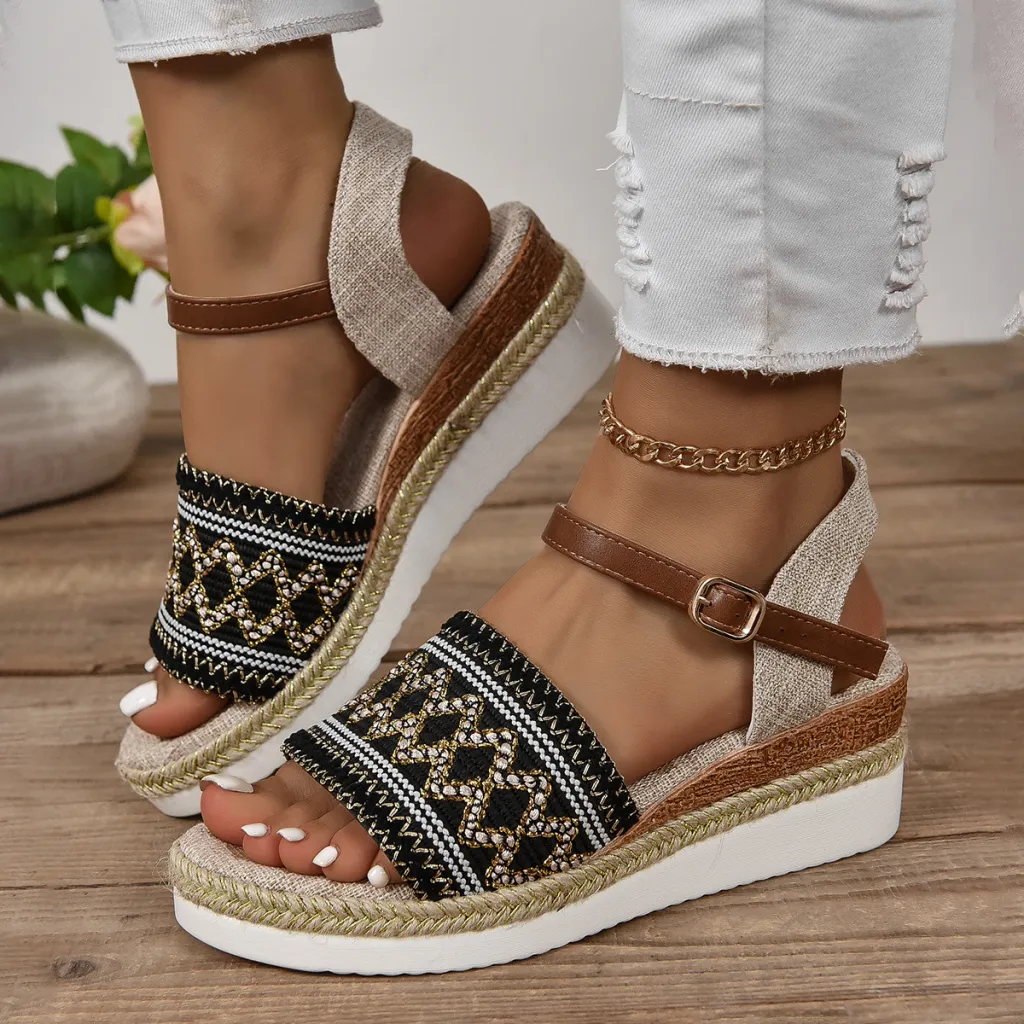 Large Size Flat Bottom Wedge Sandals Ankle-strap Buckle - Black
