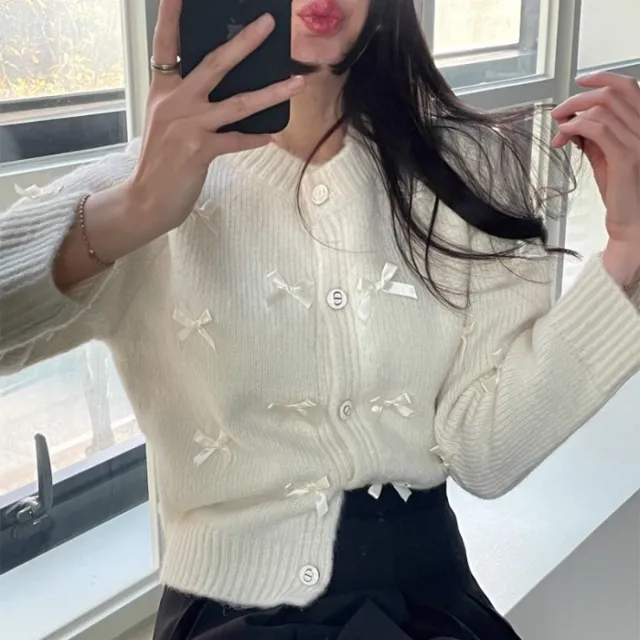 Round Neck Bowknot Decorative Loose All match Knitted Cardigan Sweater Coat For Women Beige - Shop at LoveMi
