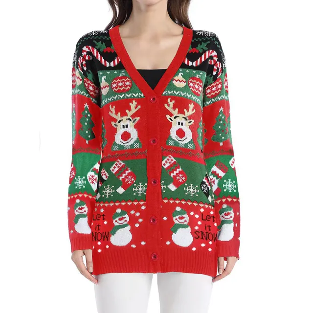 Loose Knitted Cardigan Sweater Coat Women's Casual Long sleeved Christmas Sweater Red - Shop at LoveMi